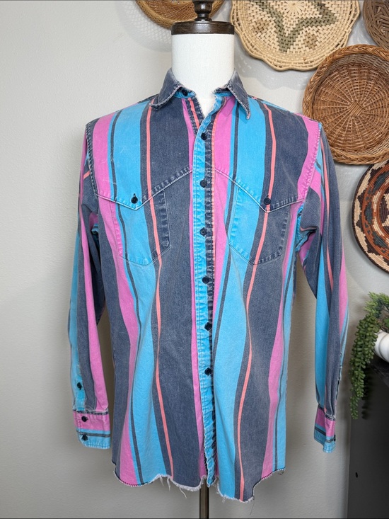 Wrangler Other - Vtg 90’s Wrangler Brush Popper Button Up Long Sleeve Pink Turquoise Blue Orange